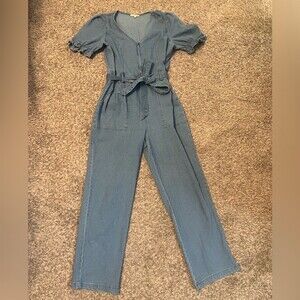 Skies Are Blue Jumpsuit Womens Size M Blue Chambray Utility Belted Tie